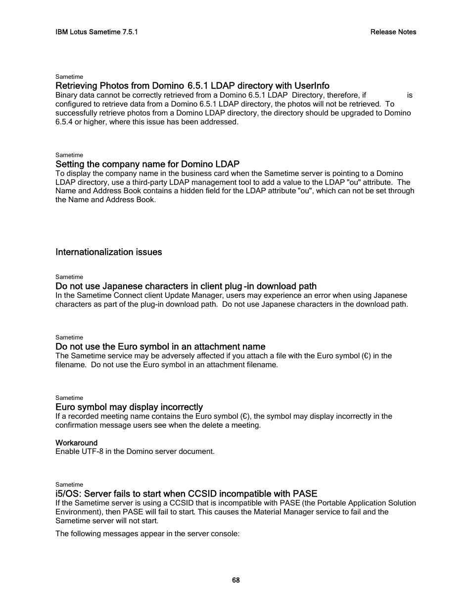 Setting the company name for domino ldap, Internationalization issues, Do not use the euro symbol in an attachment name | Euro symbol may display incorrectly | IBM G325-2585-02 User Manual | Page 74 / 90