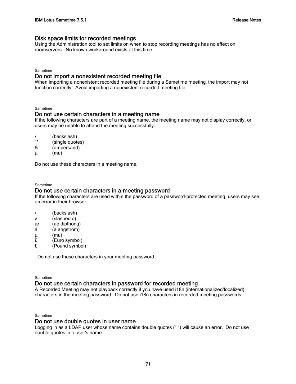 Disk space limits for recorded meetings, Do not import a nonexistent recorded meeting file, Do not use certain characters in a meeting name | Do not use double quotes in user name | IBM G325-2585-02 User Manual | Page 77 / 90