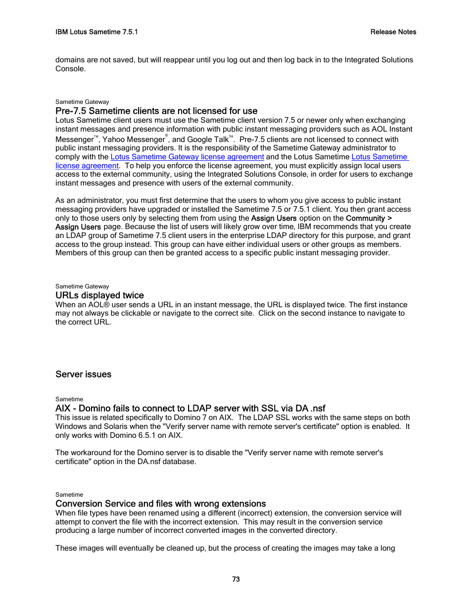 Pre-7.5 sametime clients are not licensed for use, Urls displayed twice, Server issues | Conversion service and files with wrong extensions | IBM G325-2585-02 User Manual | Page 79 / 90