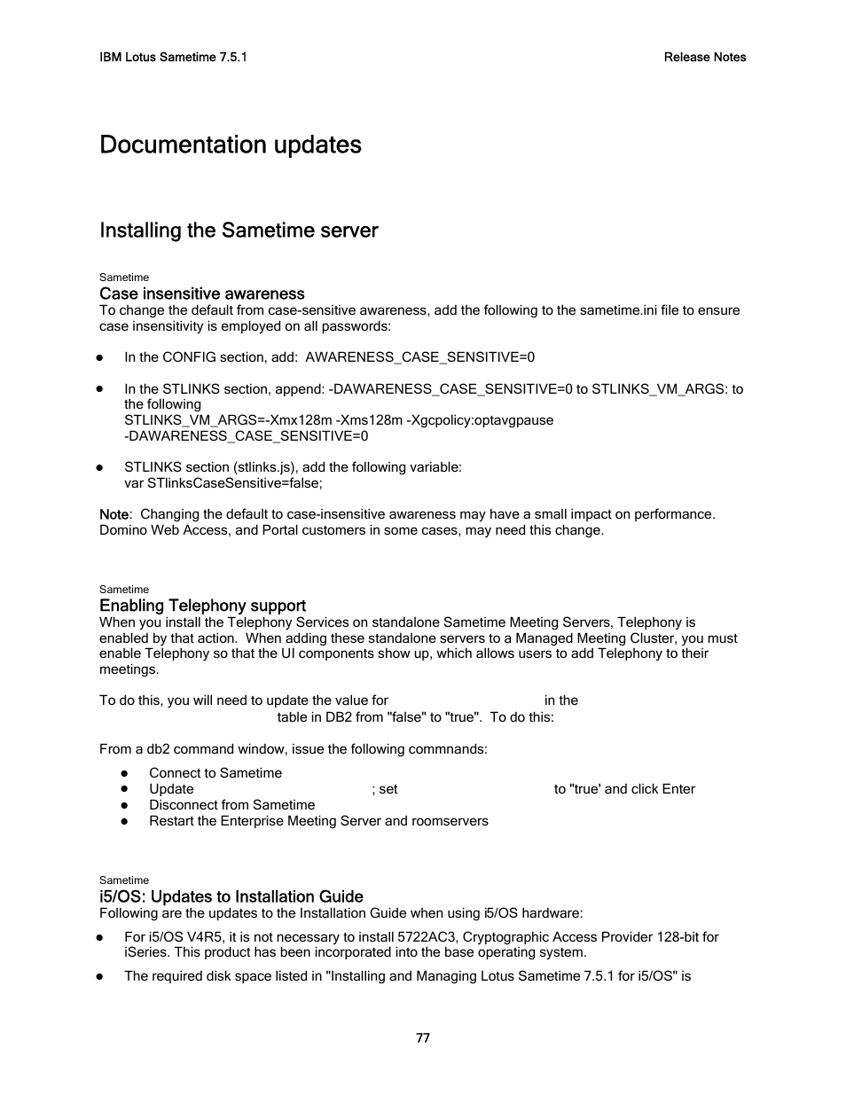 Documentation updates, Installing the sametime server, Case insensitive awareness | Enabling telephony support, I5/os: updates to installation guide | IBM G325-2585-02 User Manual | Page 83 / 90