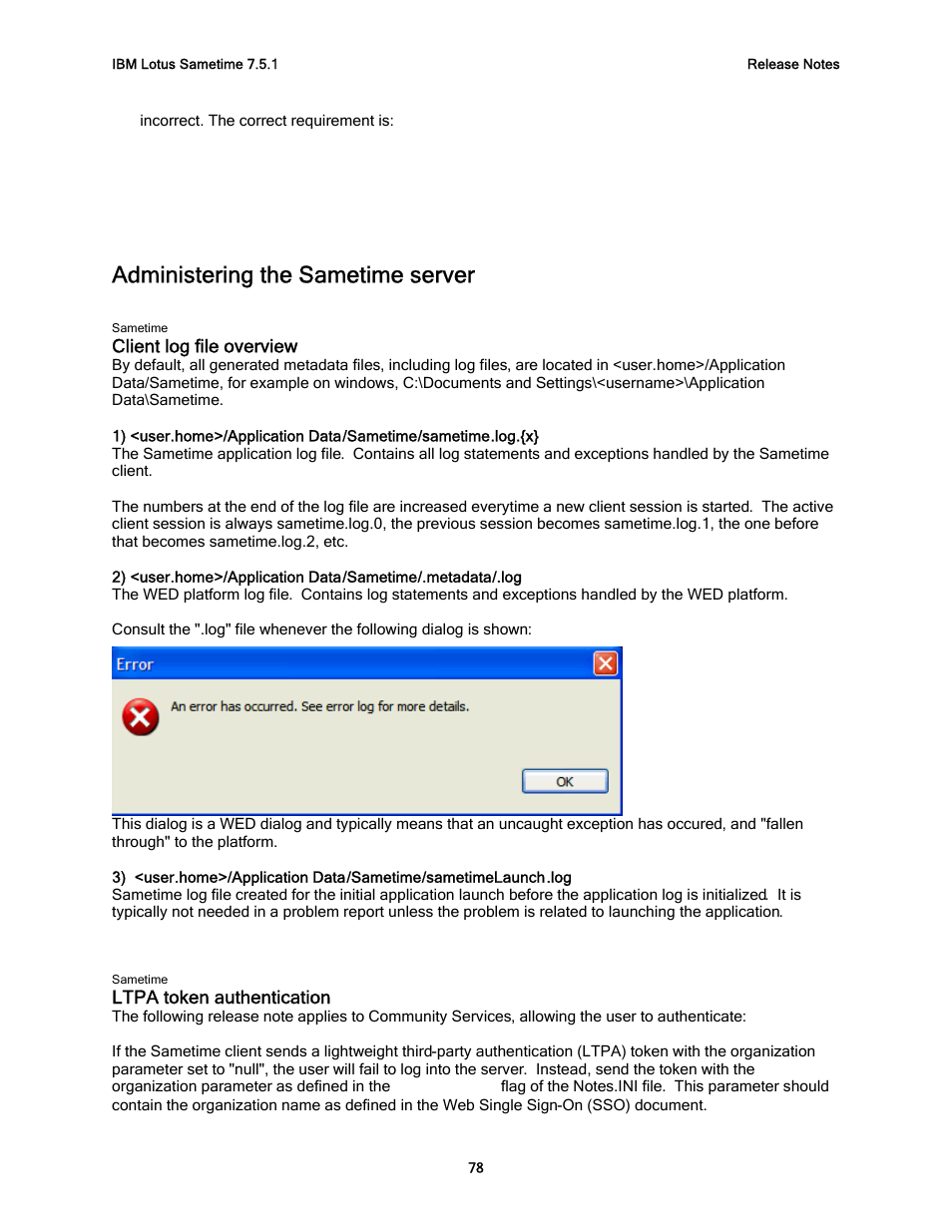 Administering the sametime server, Client log file overview, Ltpa token authentication | IBM G325-2585-02 User Manual | Page 84 / 90