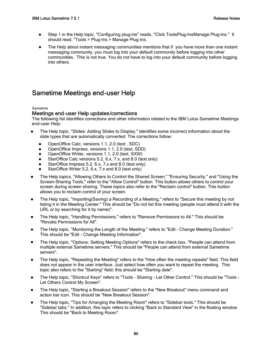 Sametime meetings end-user help, Meetings end-user help updates/corrections | IBM G325-2585-02 User Manual | Page 86 / 90