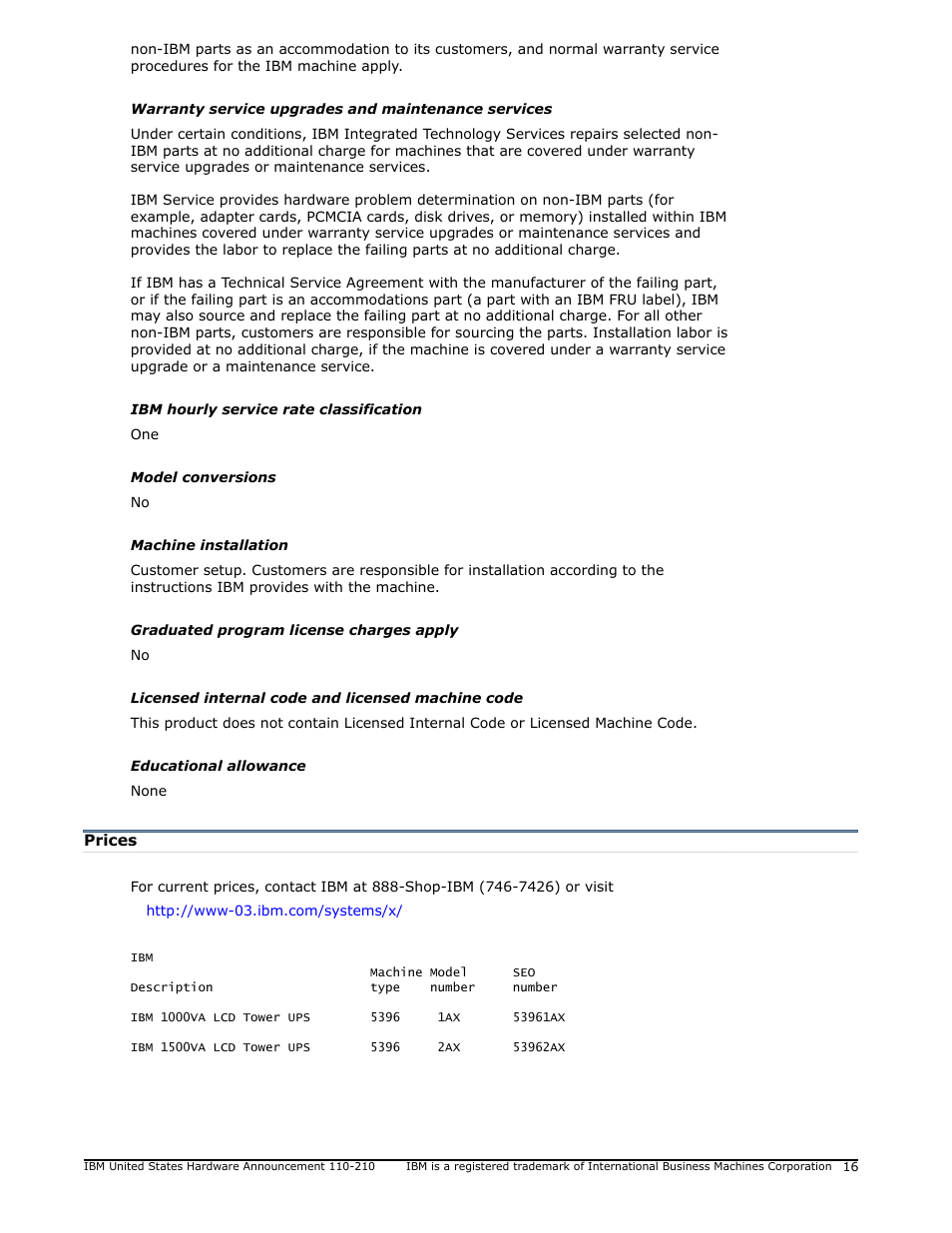 Prices | IBM 1500VA User Manual | Page 16 / 20