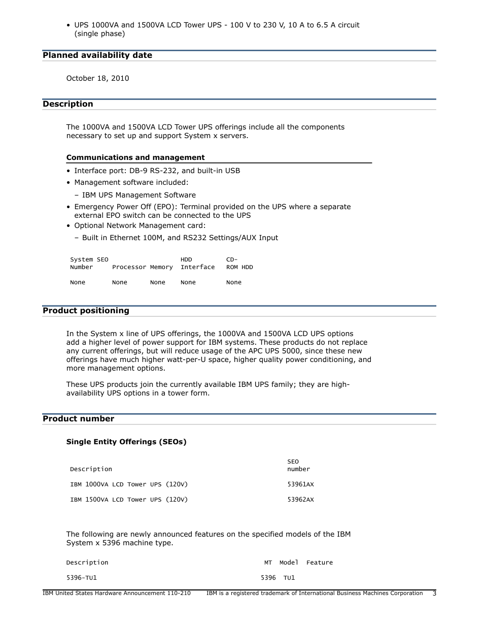 Planned availability date, Description, Product positioning | Product number | IBM 1500VA User Manual | Page 3 / 20
