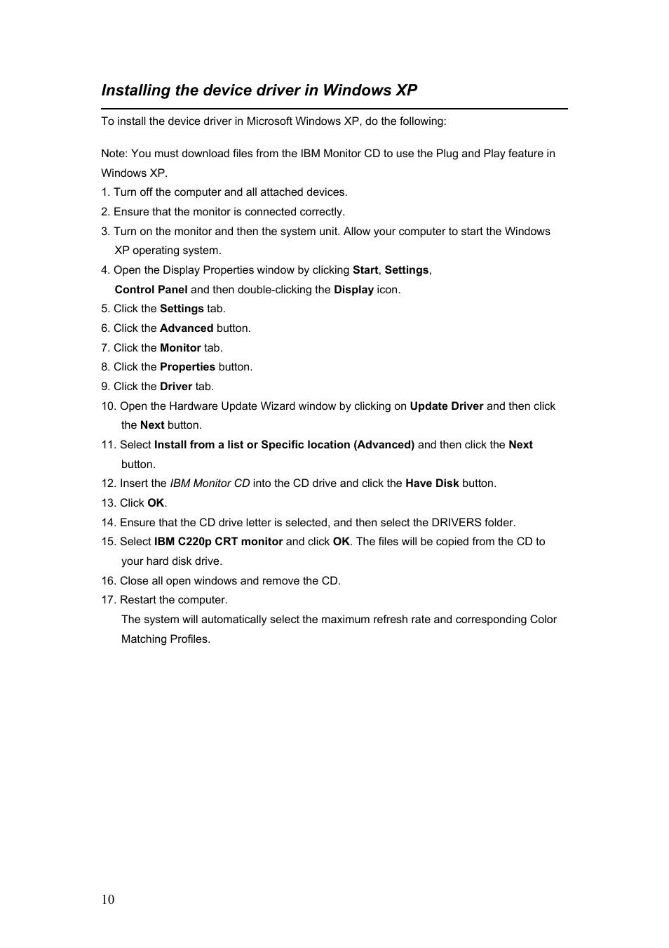 Installing the device driver in windows xp | IBM C220p User Manual | Page 11 / 24