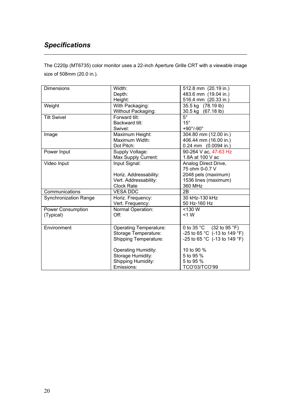Specifications | IBM C220p User Manual | Page 21 / 24
