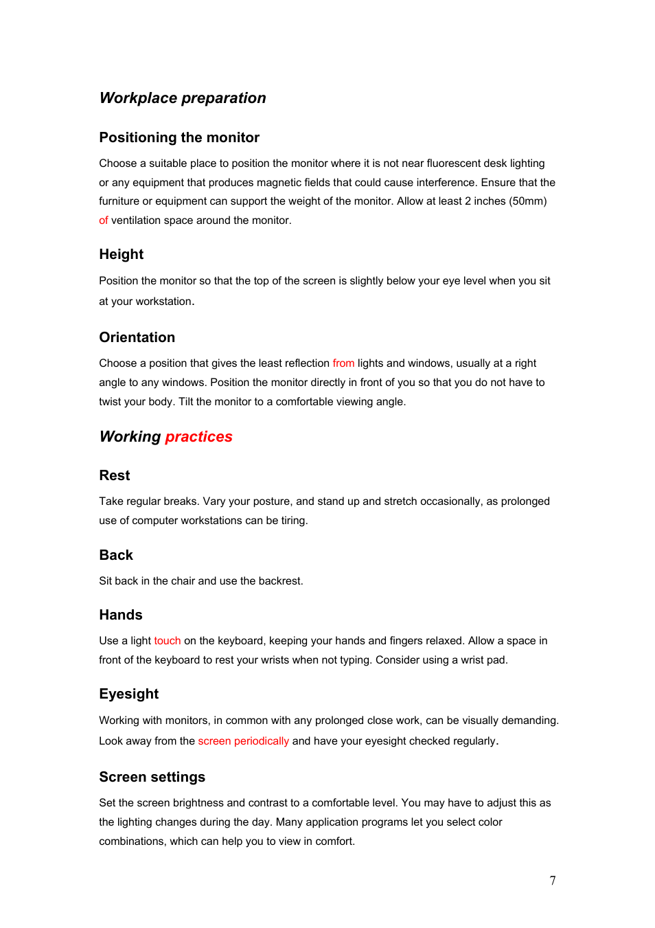 Workplace preparation, Positioning the monitor height orientation, Working practices | Rest back hands eyesight screen settings | IBM C220p User Manual | Page 8 / 24