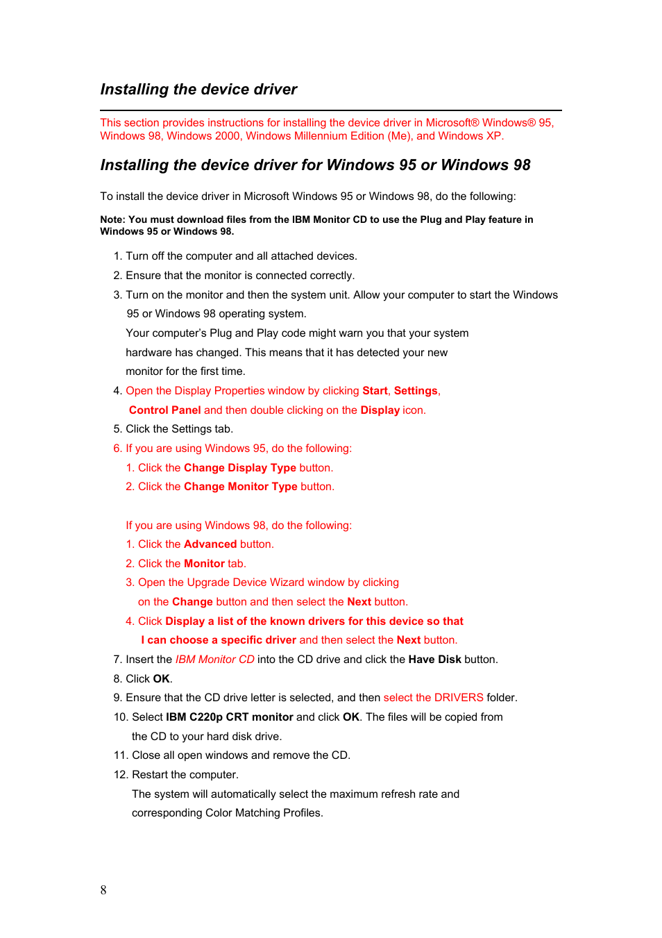 Installing the device driver | IBM C220p User Manual | Page 9 / 24