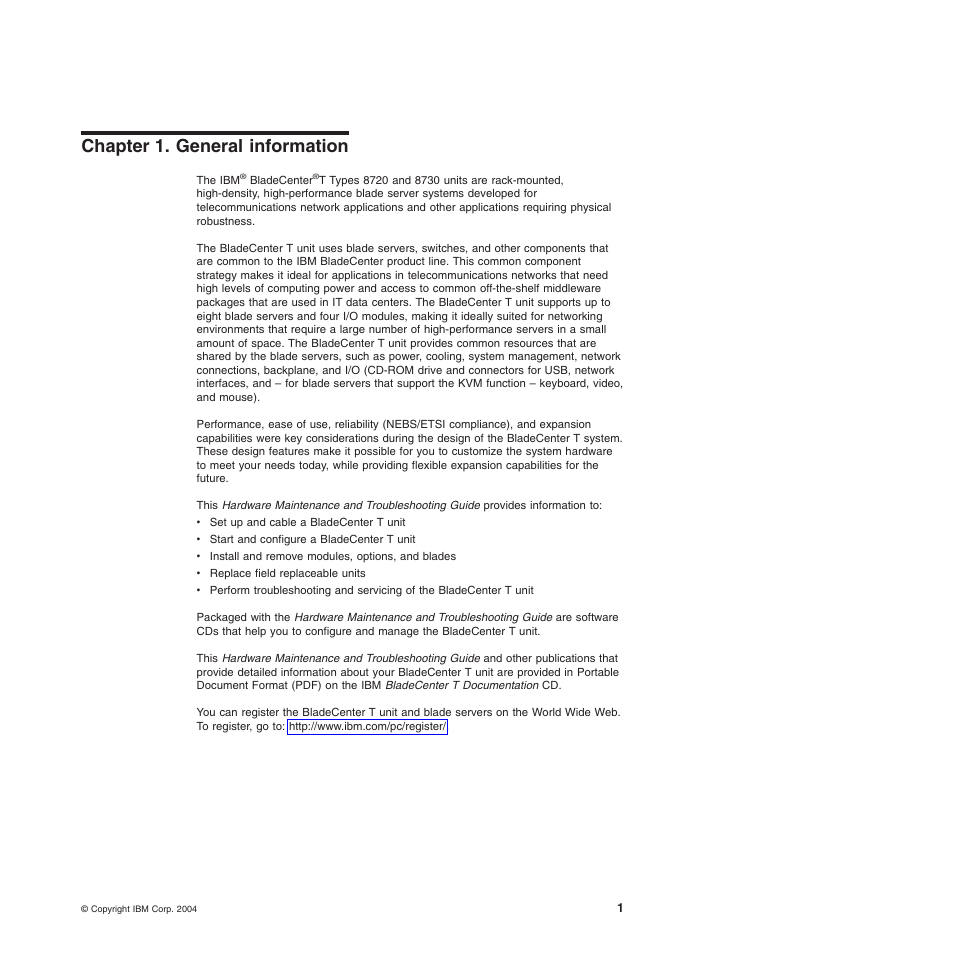 Chapter 1. general information, Chapter, General | Information | IBM BladeCenter T Type 8720 User Manual | Page 11 / 180