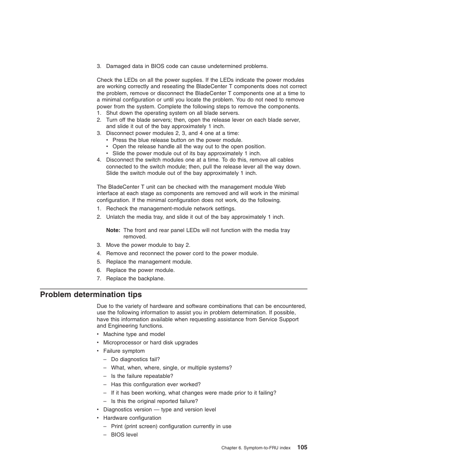 Problem determination tips, Problem, Determination | Tips | IBM BladeCenter T Type 8720 User Manual | Page 115 / 180