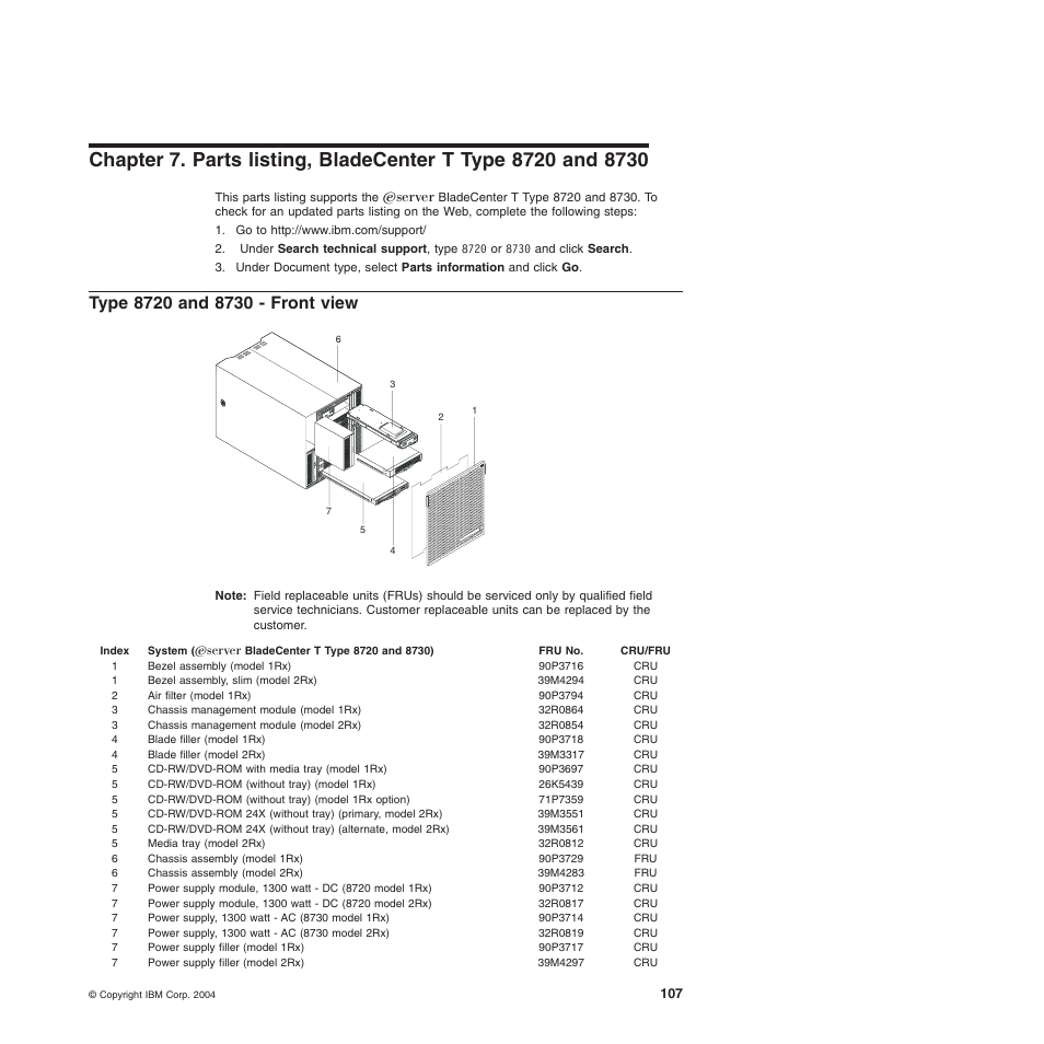 Type 8720 and 8730 - front view, Chapter, Parts | Listing, Bladecenter, Type, Front, View | IBM BladeCenter T Type 8720 User Manual | Page 117 / 180