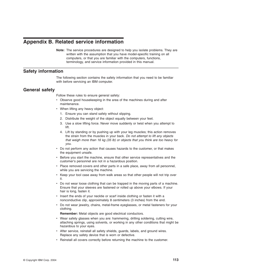 Appendix b. related service information, Safety information, General safety | Safety, Information, Appendix, Related, Service, General | IBM BladeCenter T Type 8720 User Manual | Page 123 / 180