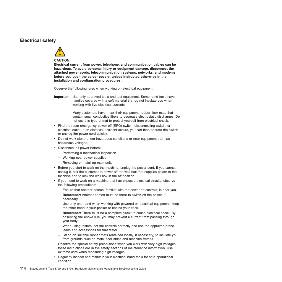 Electrical safety, Electrical, Safety | IBM BladeCenter T Type 8720 User Manual | Page 124 / 180