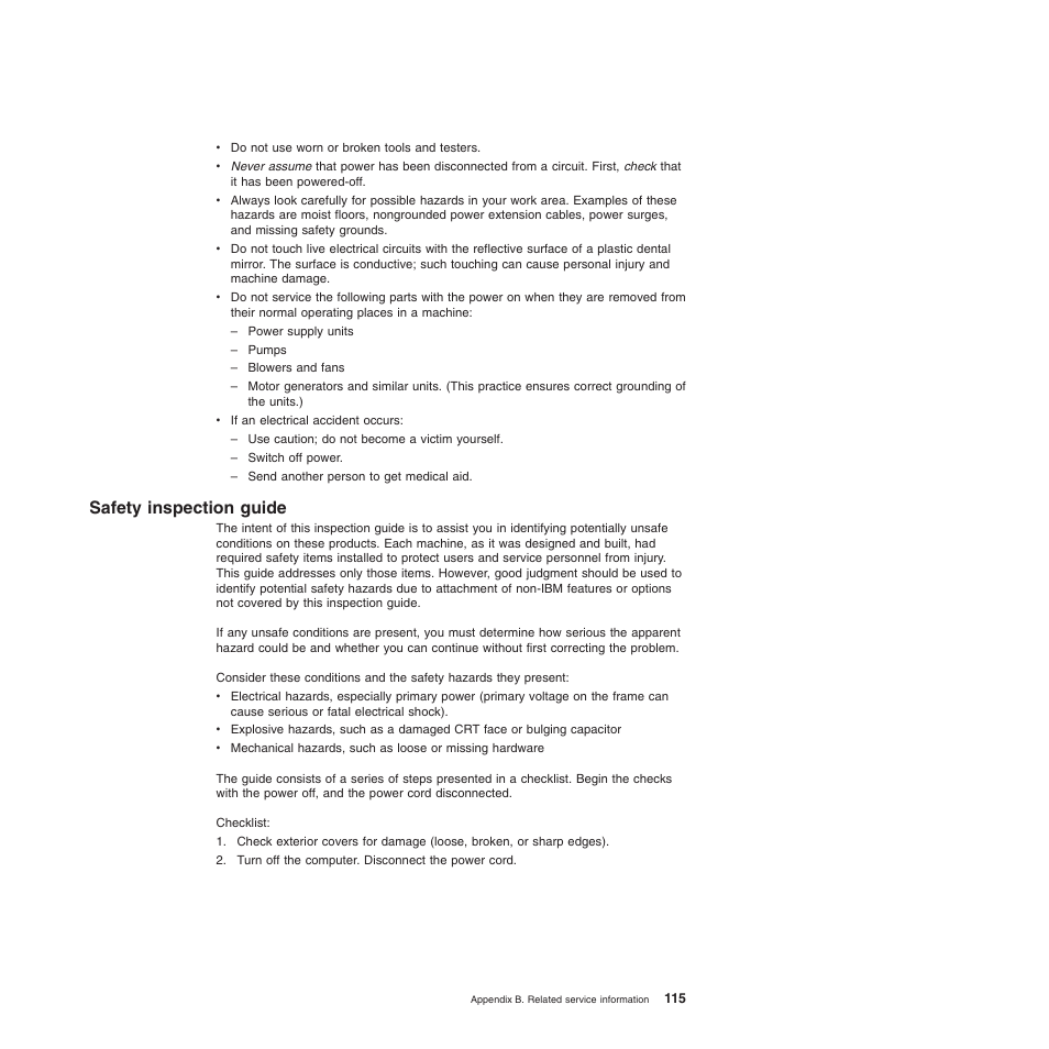 Safety inspection guide, Safety, Inspection | Guide | IBM BladeCenter T Type 8720 User Manual | Page 125 / 180