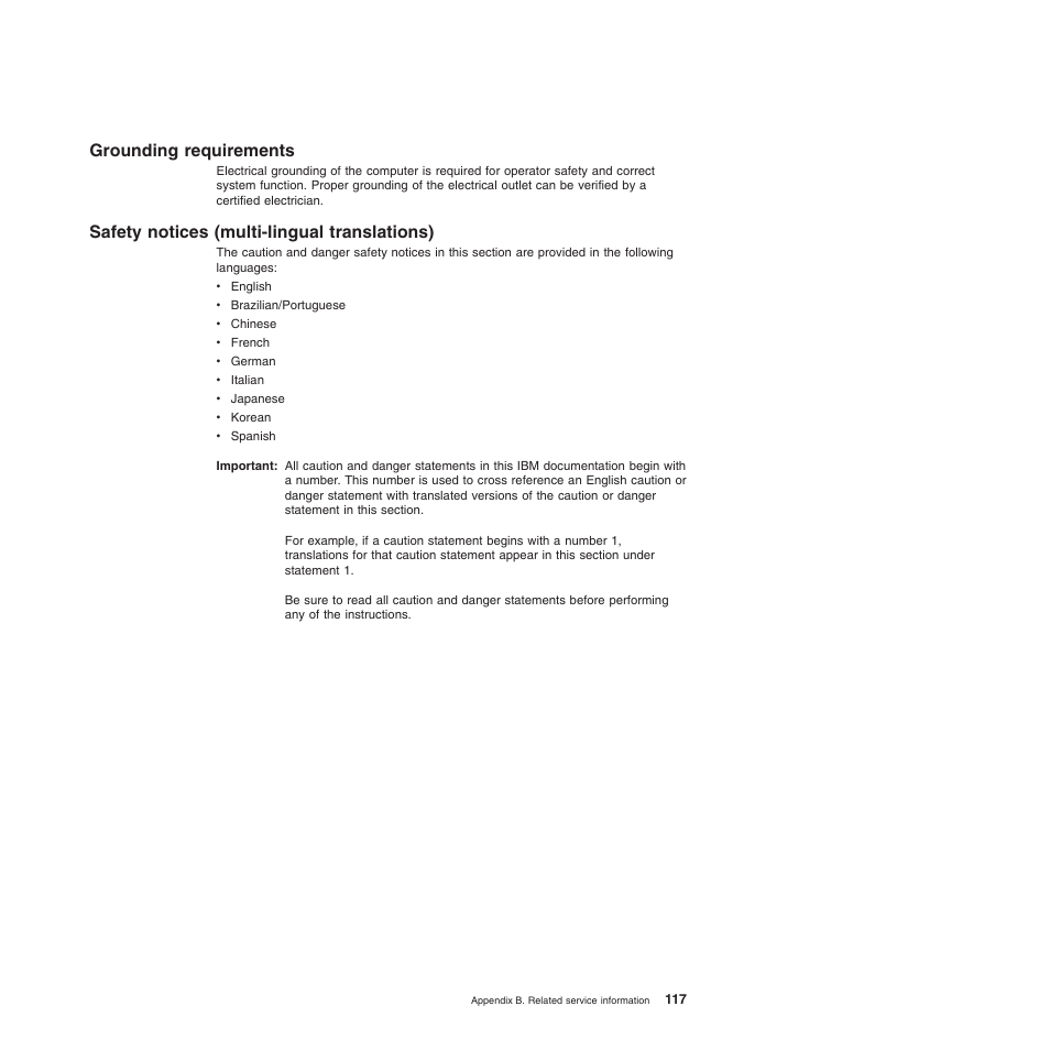 Grounding requirements, Safety notices (multi-lingual translations), Grounding | Requirements, Safety, Notices, Multi-lingual, Translations) | IBM BladeCenter T Type 8720 User Manual | Page 127 / 180