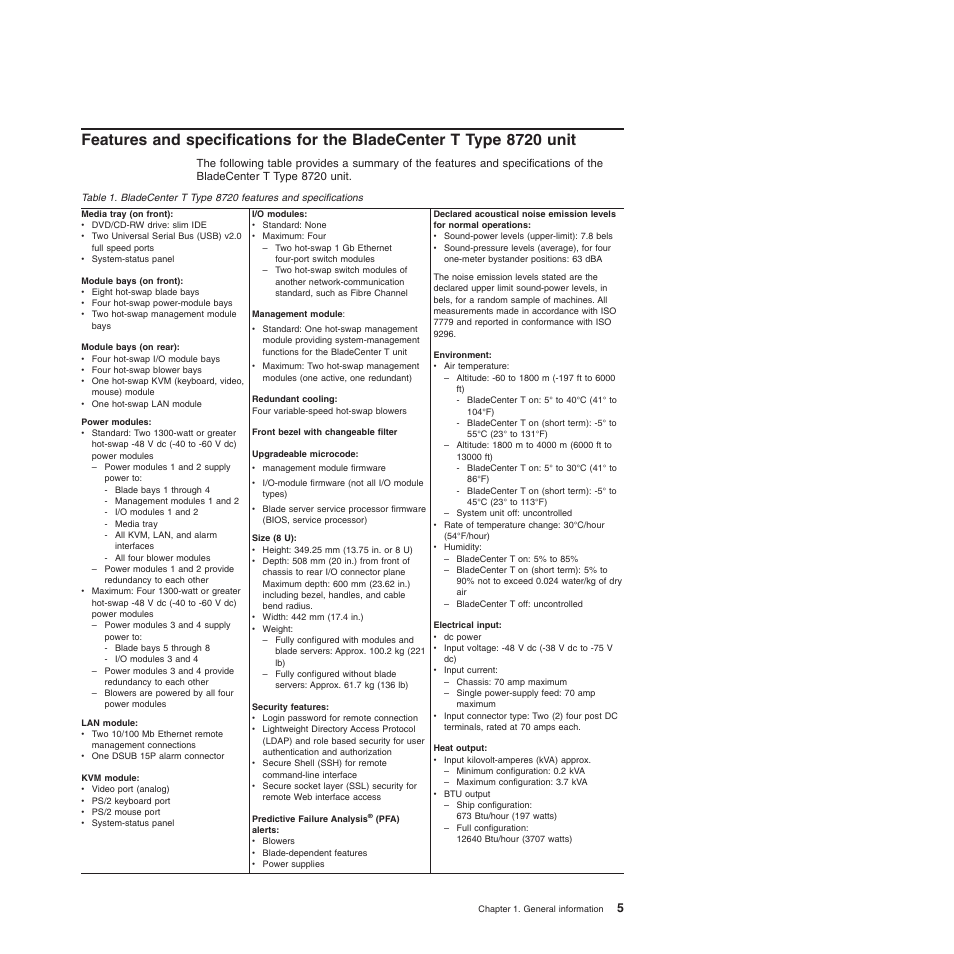 Features, Specifications, Bladecenter | Type, Unit | IBM BladeCenter T Type 8720 User Manual | Page 15 / 180