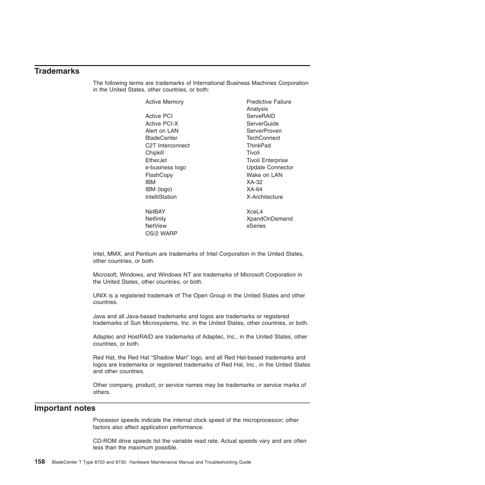 Trademarks, Important notes, Important | Notes | IBM BladeCenter T Type 8720 User Manual | Page 168 / 180