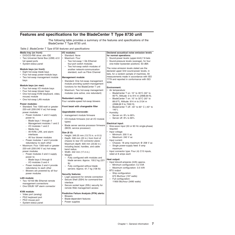 Features, Specifications, Bladecenter | Type, Unit | IBM BladeCenter T Type 8720 User Manual | Page 17 / 180