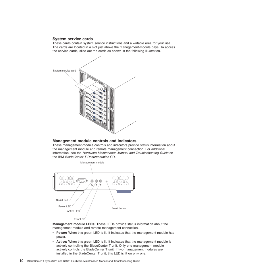 System service cards, Management module controls and indicators | IBM BladeCenter T Type 8720 User Manual | Page 20 / 180