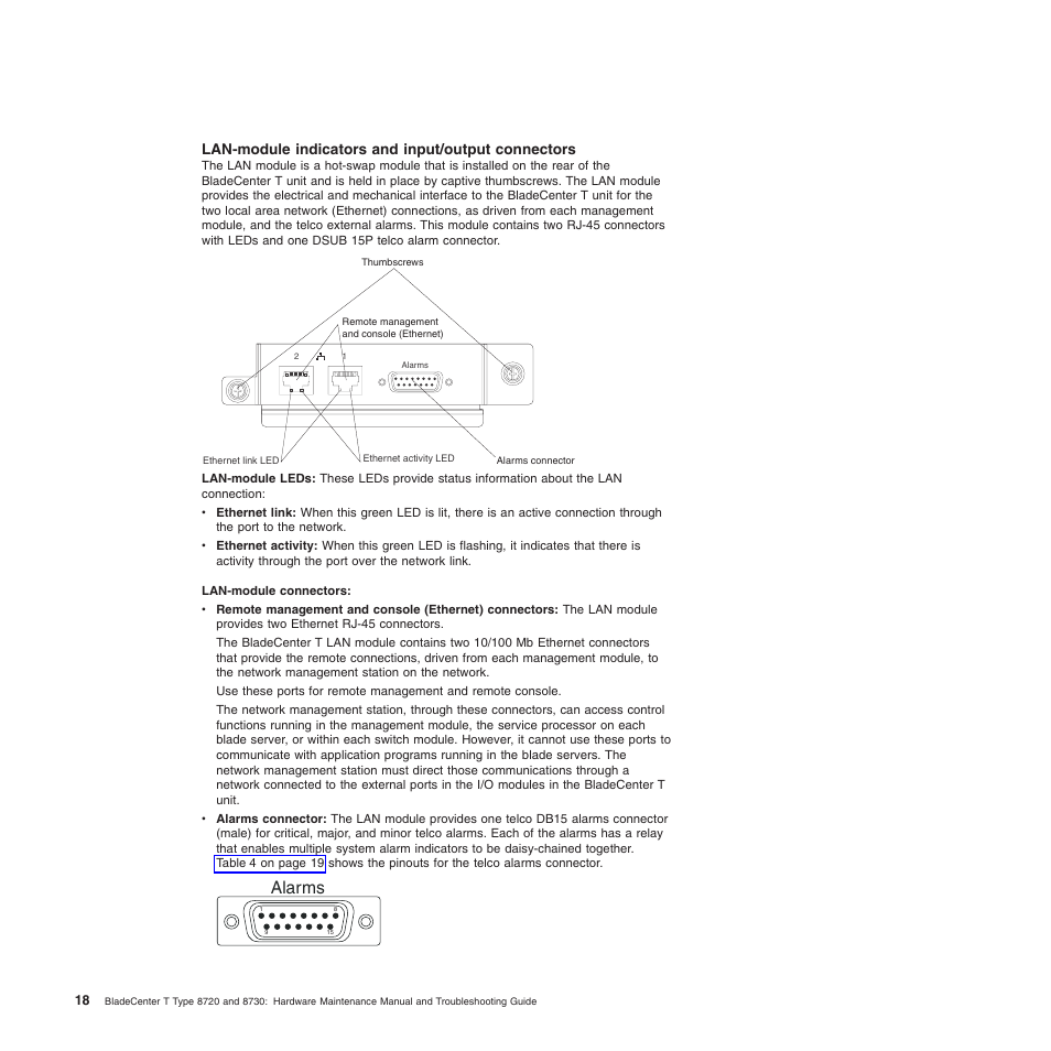 Lan-module indicators and input/output connectors | IBM BladeCenter T Type 8720 User Manual | Page 28 / 180