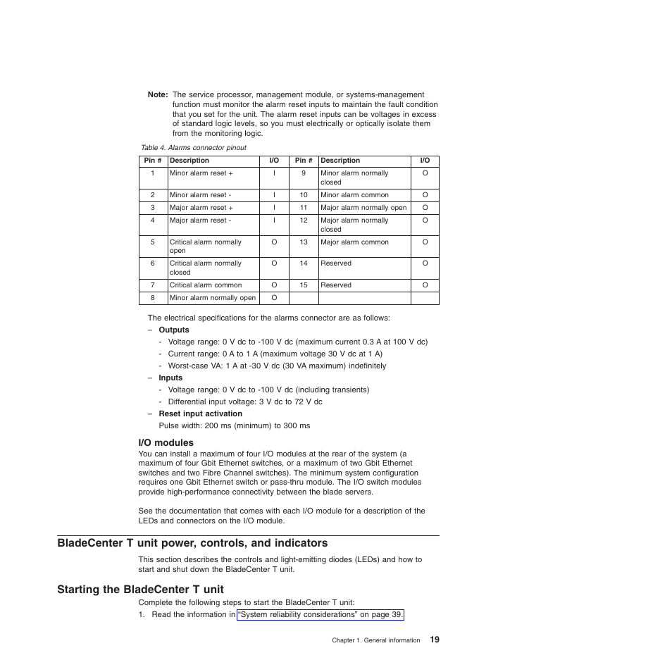 I/o modules, Bladecenter t unit power, controls, and indicators, Starting the bladecenter t unit | Bladecenter, Unit, Power, Controls, Indicators, Starting, Modules | IBM BladeCenter T Type 8720 User Manual | Page 29 / 180