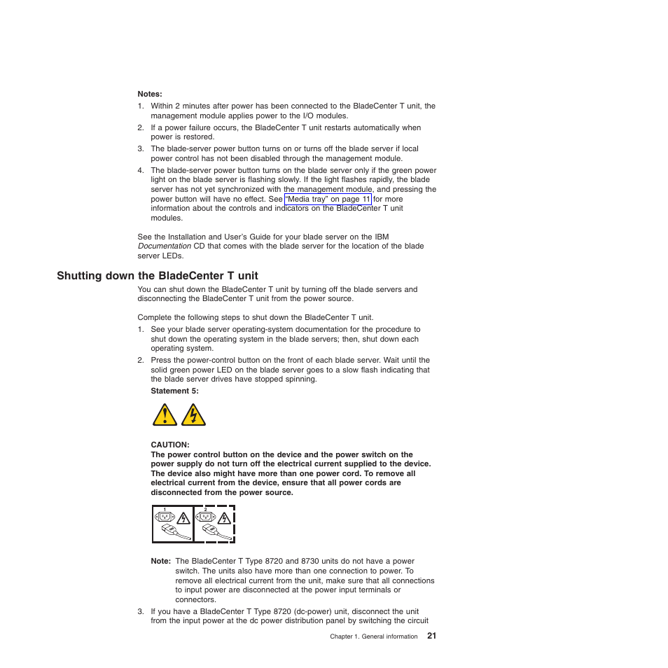 Shutting down the bladecenter t unit, Shutting, Down | Bladecenter, Unit | IBM BladeCenter T Type 8720 User Manual | Page 31 / 180