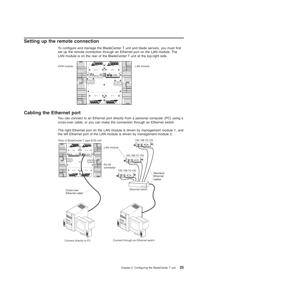 Setting up the remote connection, Cabling the ethernet port, Setting | Remote, Connection, Cabling, Ethernet, Port | IBM BladeCenter T Type 8720 User Manual | Page 35 / 180