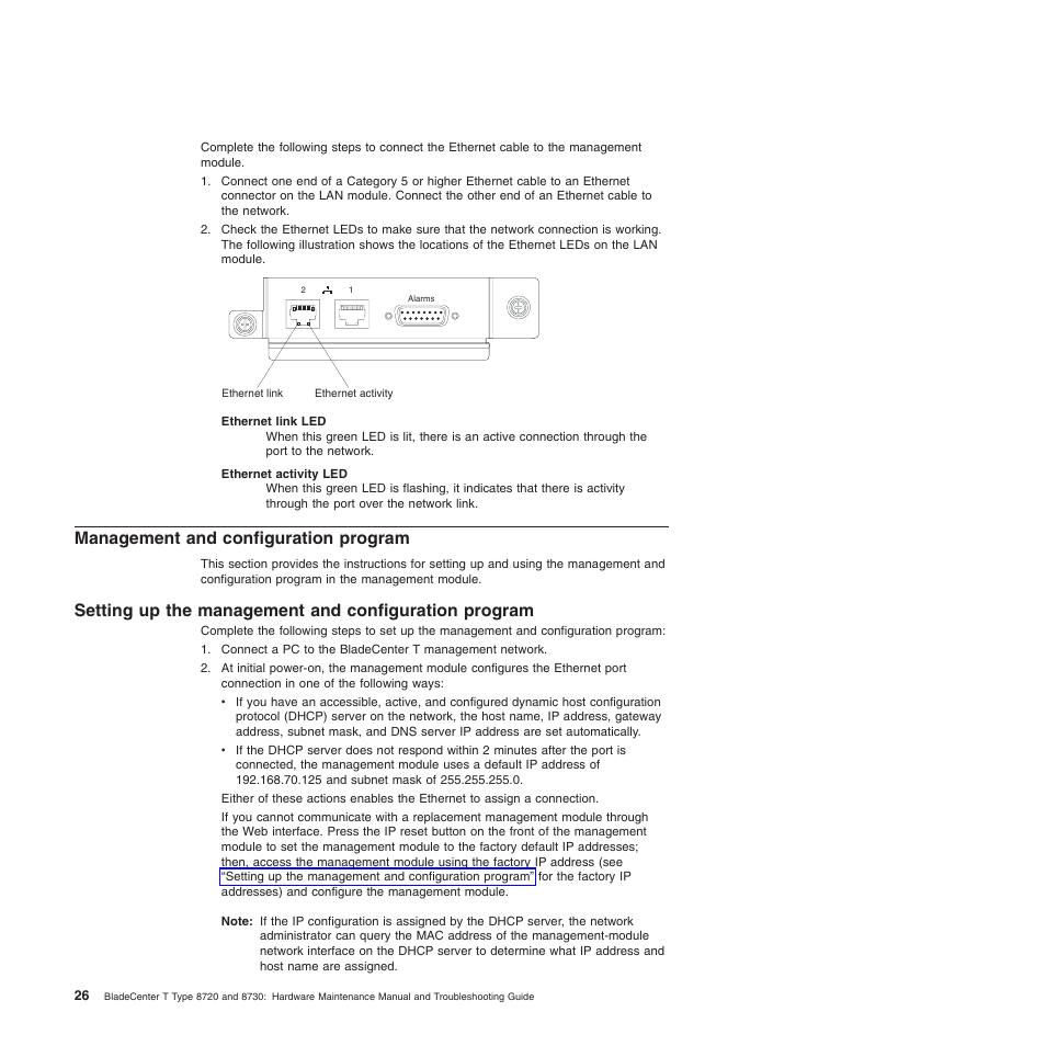 Management and configuration program, Management, Configuration | Program, Setting | IBM BladeCenter T Type 8720 User Manual | Page 36 / 180