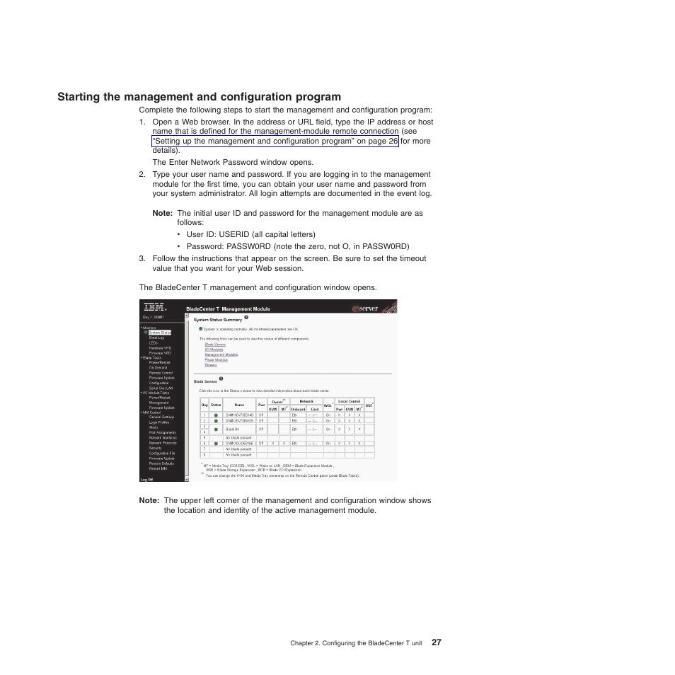 Starting the management and configuration program, Starting, Management | Configuration, Program | IBM BladeCenter T Type 8720 User Manual | Page 37 / 180
