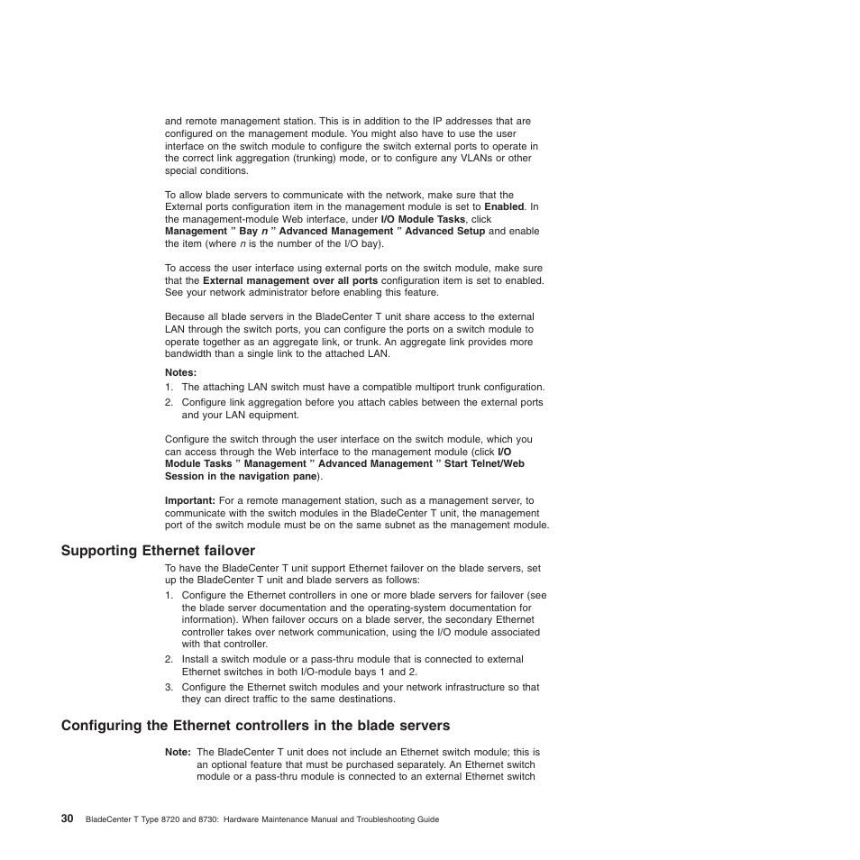 Supporting ethernet failover, Supporting, Ethernet | Failover, Configuring, Controllers, Blade, Servers | IBM BladeCenter T Type 8720 User Manual | Page 40 / 180