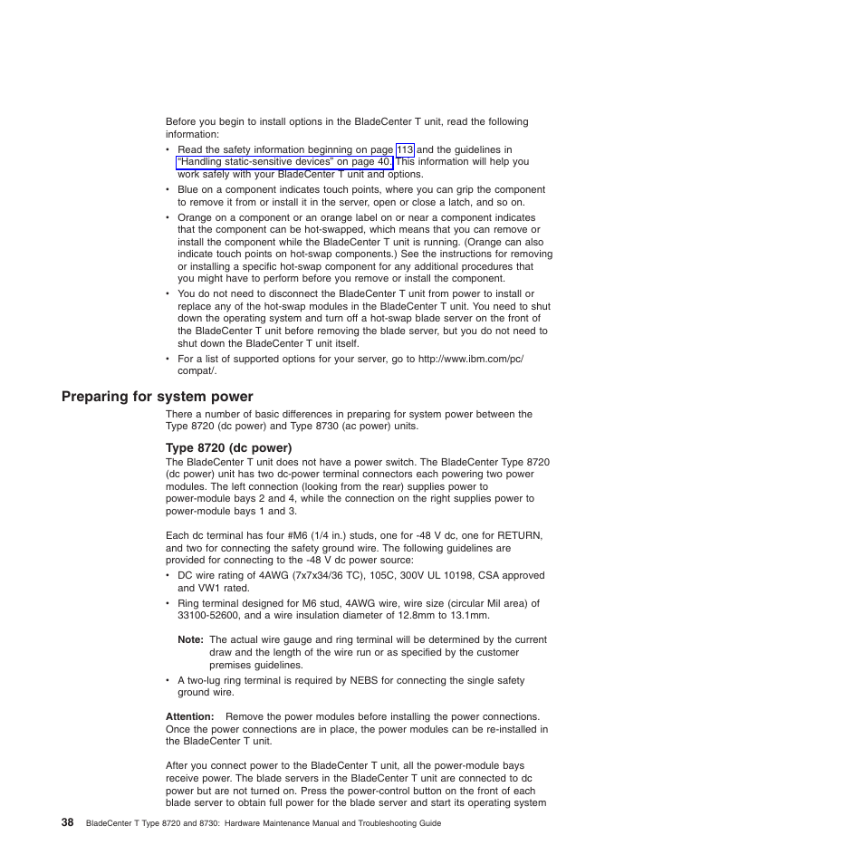 Preparing for system power, Type 8720 (dc power), Preparing | System, Power | IBM BladeCenter T Type 8720 User Manual | Page 48 / 180