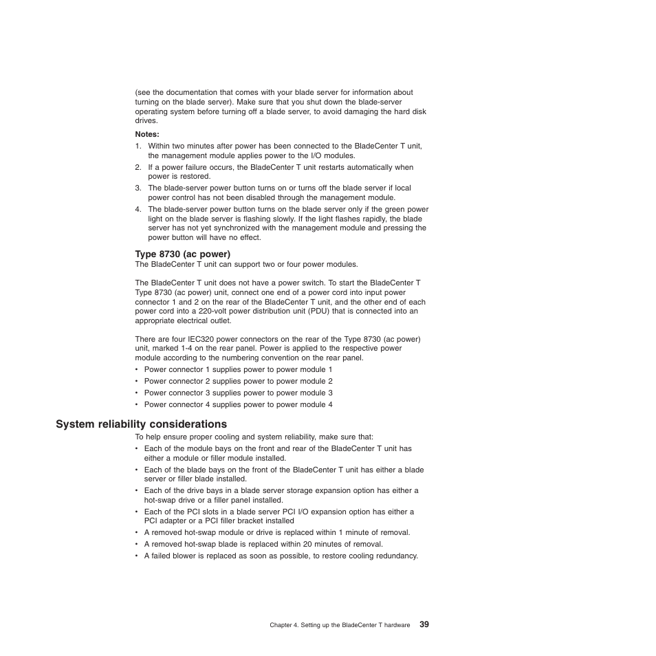 Type 8730 (ac power), System reliability considerations, System | Reliability, Considerations | IBM BladeCenter T Type 8720 User Manual | Page 49 / 180