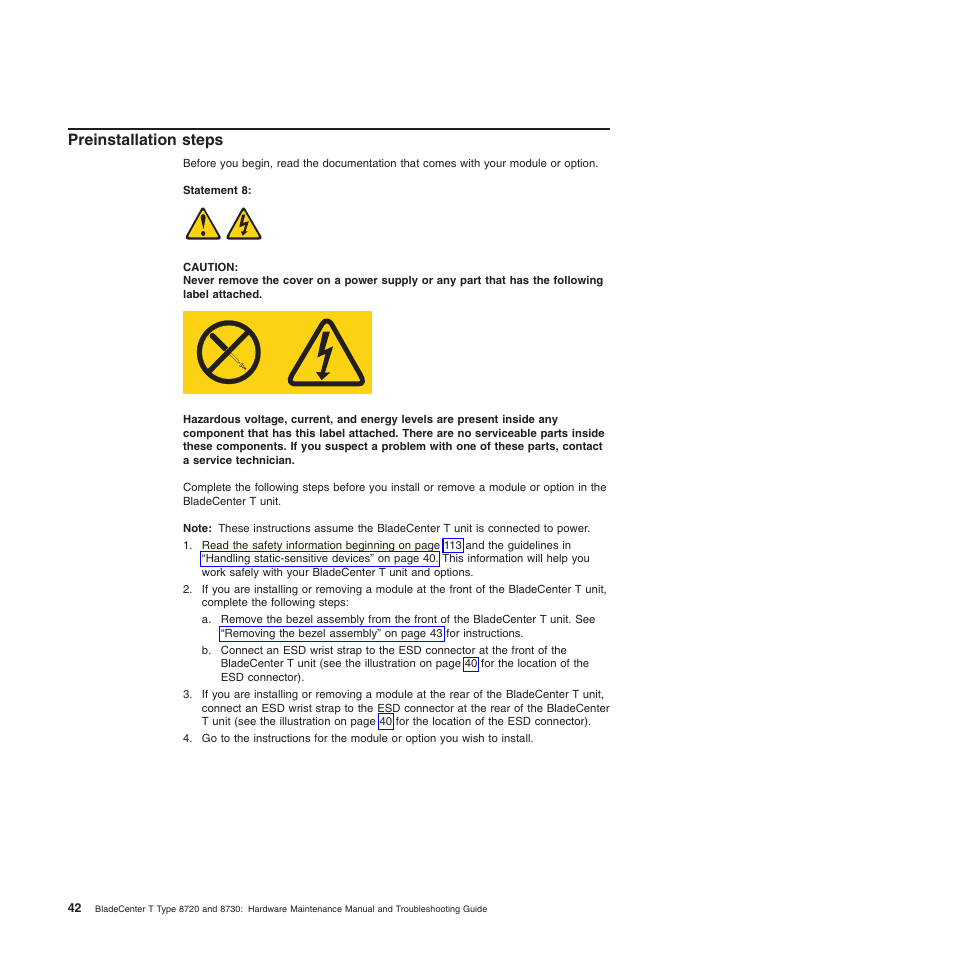 Preinstallation steps, Preinstallation, Steps | IBM BladeCenter T Type 8720 User Manual | Page 52 / 180