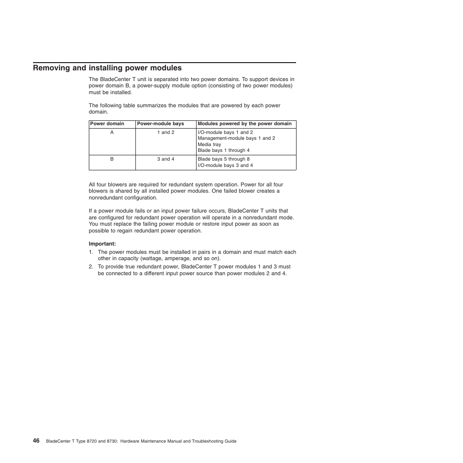 Removing and installing power modules, Removing, Installing | Power, Modules | IBM BladeCenter T Type 8720 User Manual | Page 56 / 180