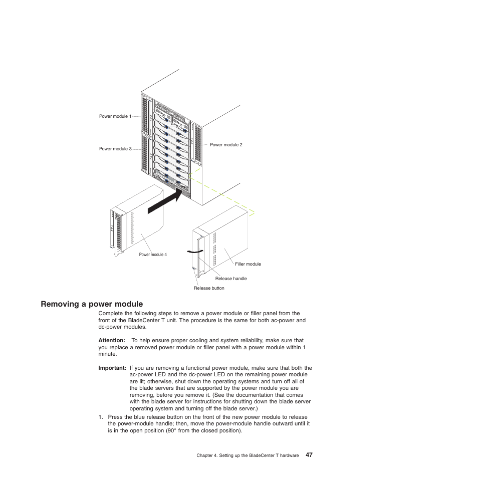 Removing a power module, Removing, Power | Module | IBM BladeCenter T Type 8720 User Manual | Page 57 / 180