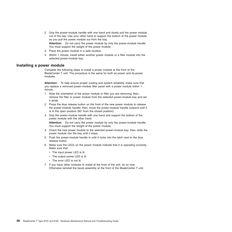 Installing a power module, Installing, Power | Module | IBM BladeCenter T Type 8720 User Manual | Page 58 / 180