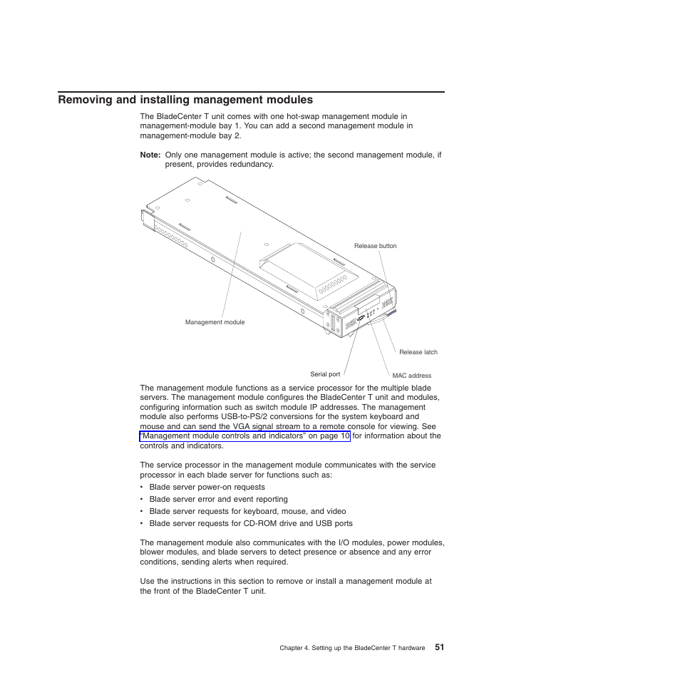 Removing and installing management modules, Removing, Installing | Management, Modules | IBM BladeCenter T Type 8720 User Manual | Page 61 / 180