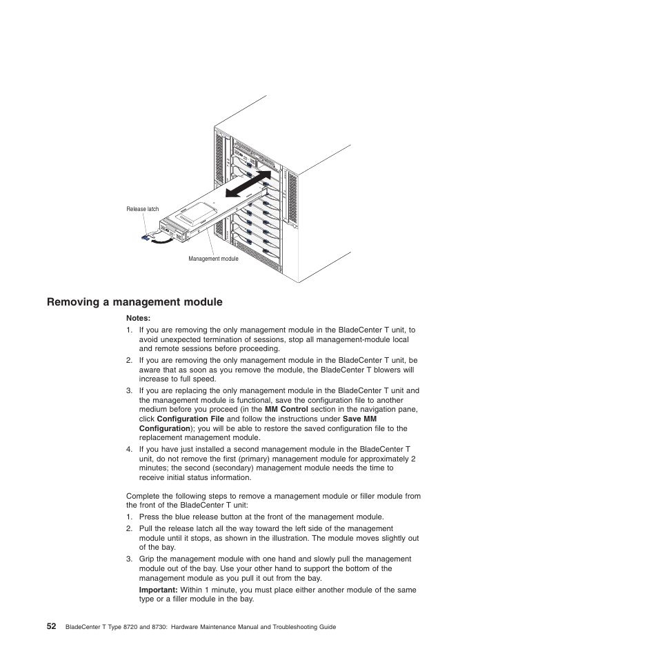 Removing a management module, Removing, Management | Module | IBM BladeCenter T Type 8720 User Manual | Page 62 / 180