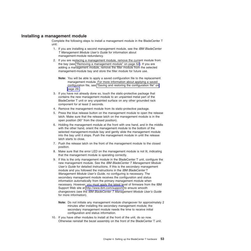 Installing a management module, Installing, Management | Module | IBM BladeCenter T Type 8720 User Manual | Page 63 / 180