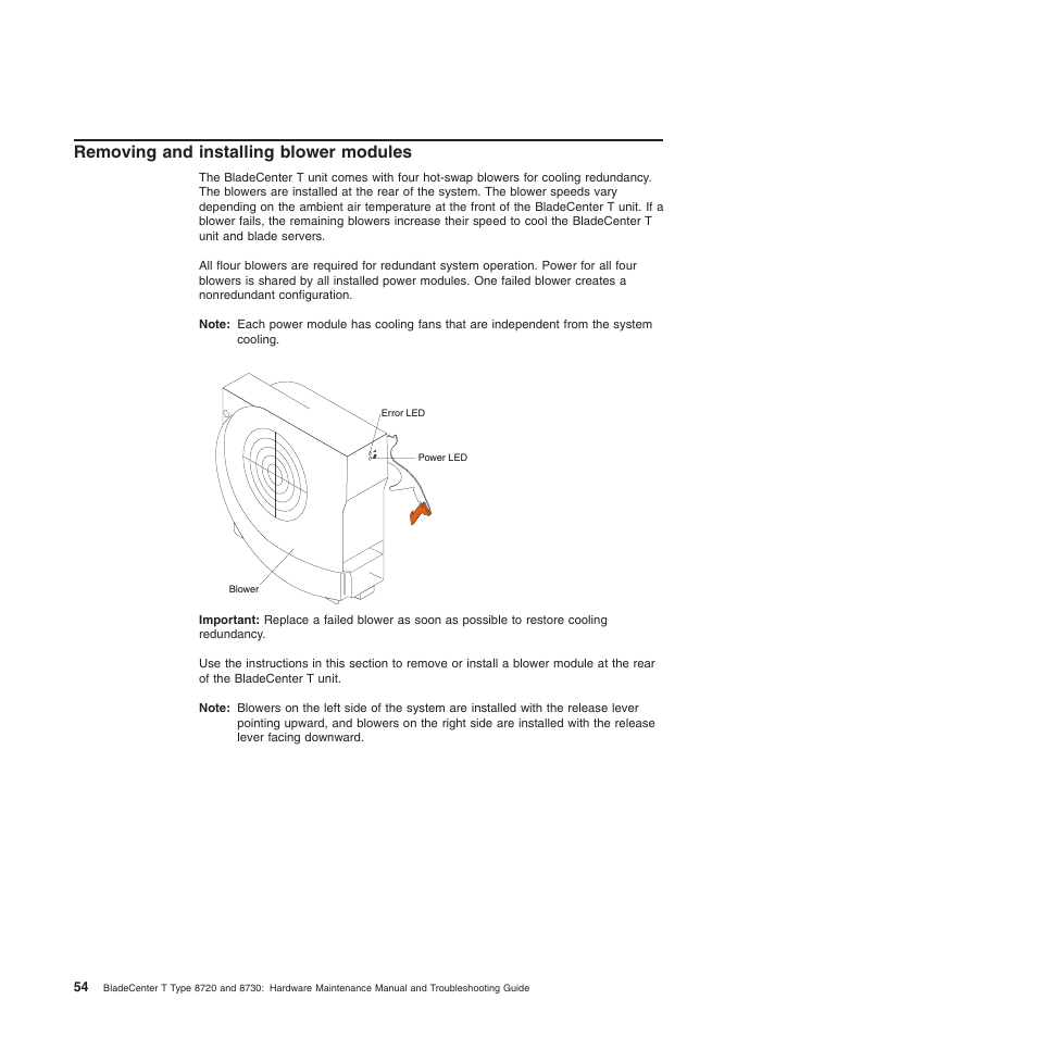 Removing and installing blower modules, Removing, Installing | Blower, Modules | IBM BladeCenter T Type 8720 User Manual | Page 64 / 180