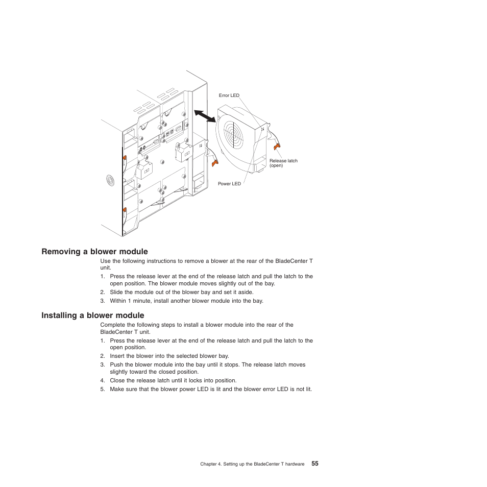 Removing a blower module, Installing a blower module, Removing | Blower, Module, Installing | IBM BladeCenter T Type 8720 User Manual | Page 65 / 180