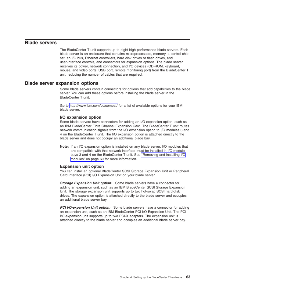 Blade servers, Blade server expansion options, I/o expansion option | Expansion unit option, Blade, Servers, Server, Expansion, Options | IBM BladeCenter T Type 8720 User Manual | Page 73 / 180