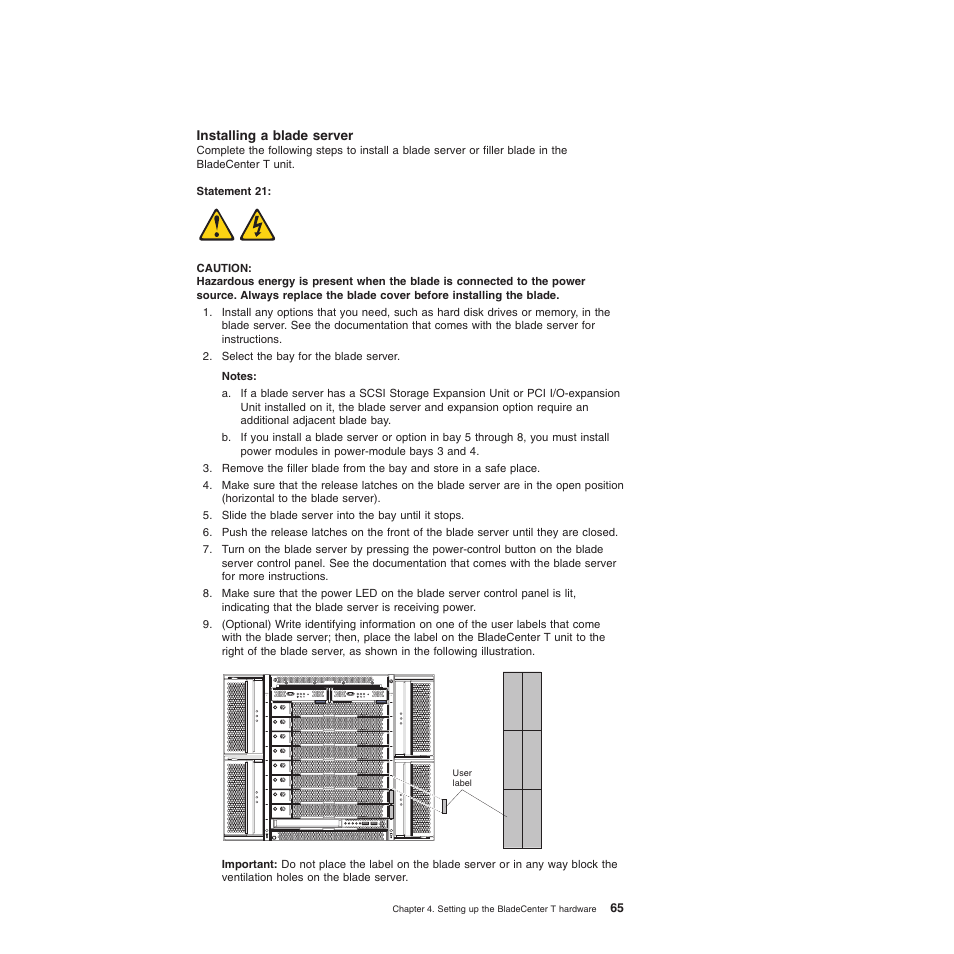 Installing a blade server | IBM BladeCenter T Type 8720 User Manual | Page 75 / 180