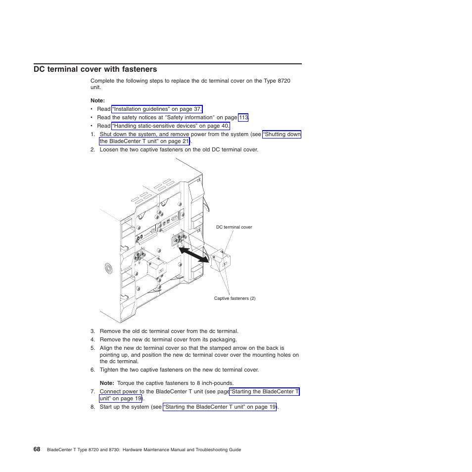 Dc terminal cover with fasteners, Terminal, Cover | With, Fasteners | IBM BladeCenter T Type 8720 User Manual | Page 78 / 180