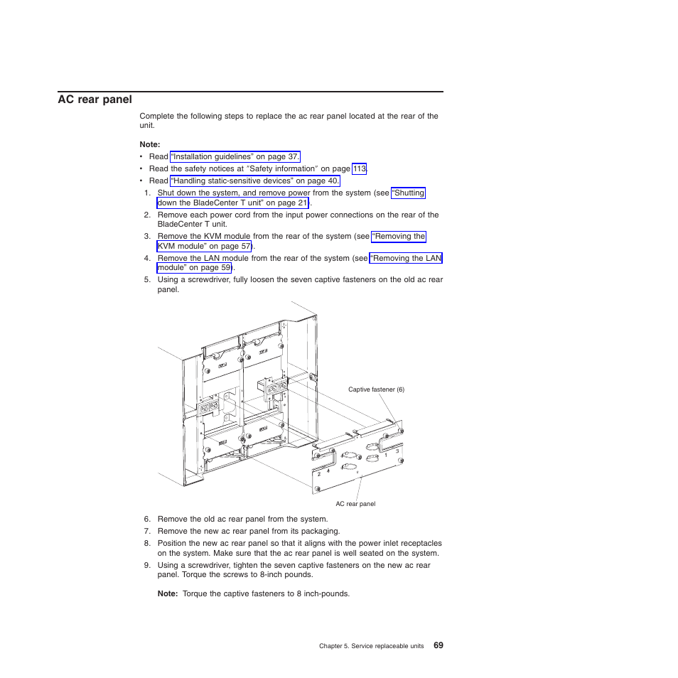 Ac rear panel, Rear, Panel | IBM BladeCenter T Type 8720 User Manual | Page 79 / 180
