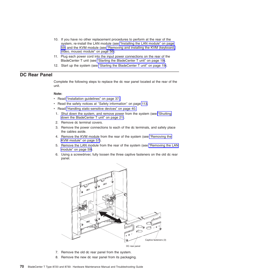 Dc rear panel, Rear, Panel | IBM BladeCenter T Type 8720 User Manual | Page 80 / 180