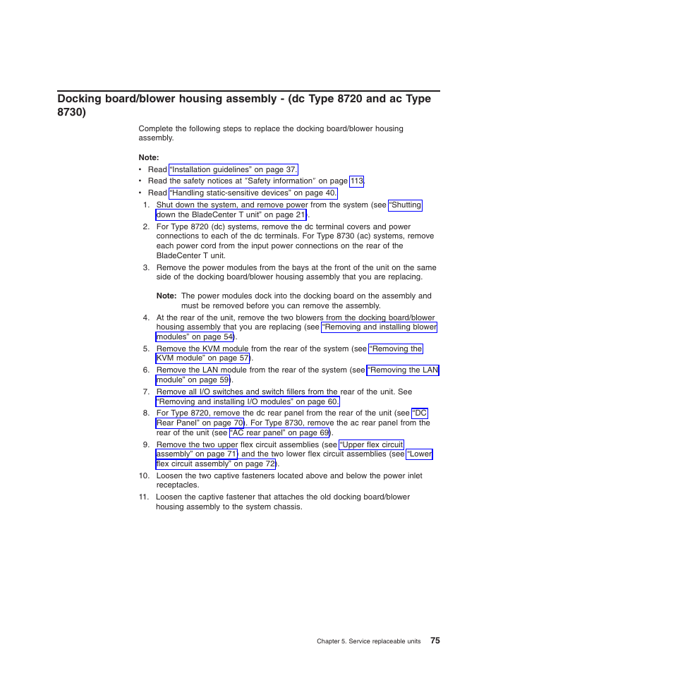 Docking, Board/blower, Housing | Assembly, Type | IBM BladeCenter T Type 8720 User Manual | Page 85 / 180