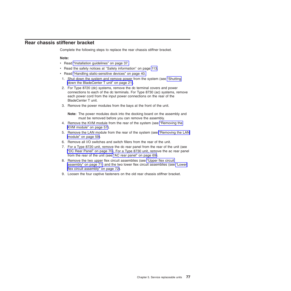 Rear chassis stiffener bracket, Rear, Chassis | Stiffener, Bracket | IBM BladeCenter T Type 8720 User Manual | Page 87 / 180