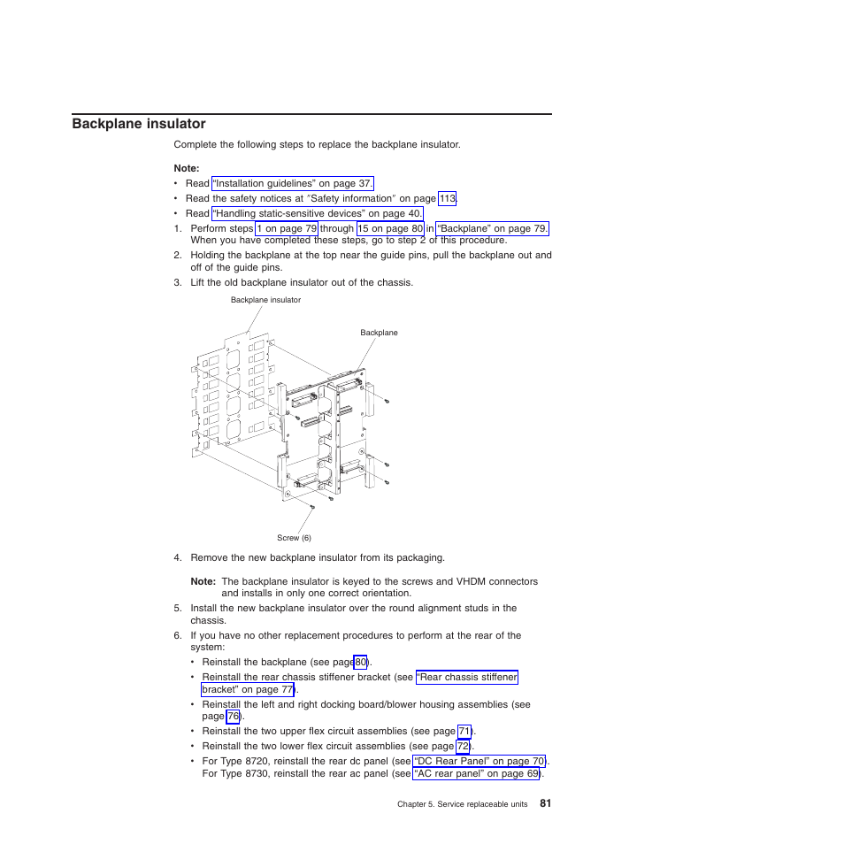 Backplane insulator, Backplane, Insulator | IBM BladeCenter T Type 8720 User Manual | Page 91 / 180