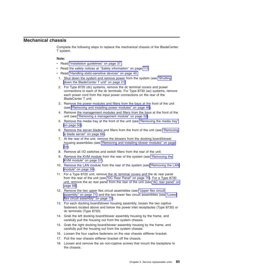 Mechanical chassis, Mechanical, Chassis | IBM BladeCenter T Type 8720 User Manual | Page 95 / 180